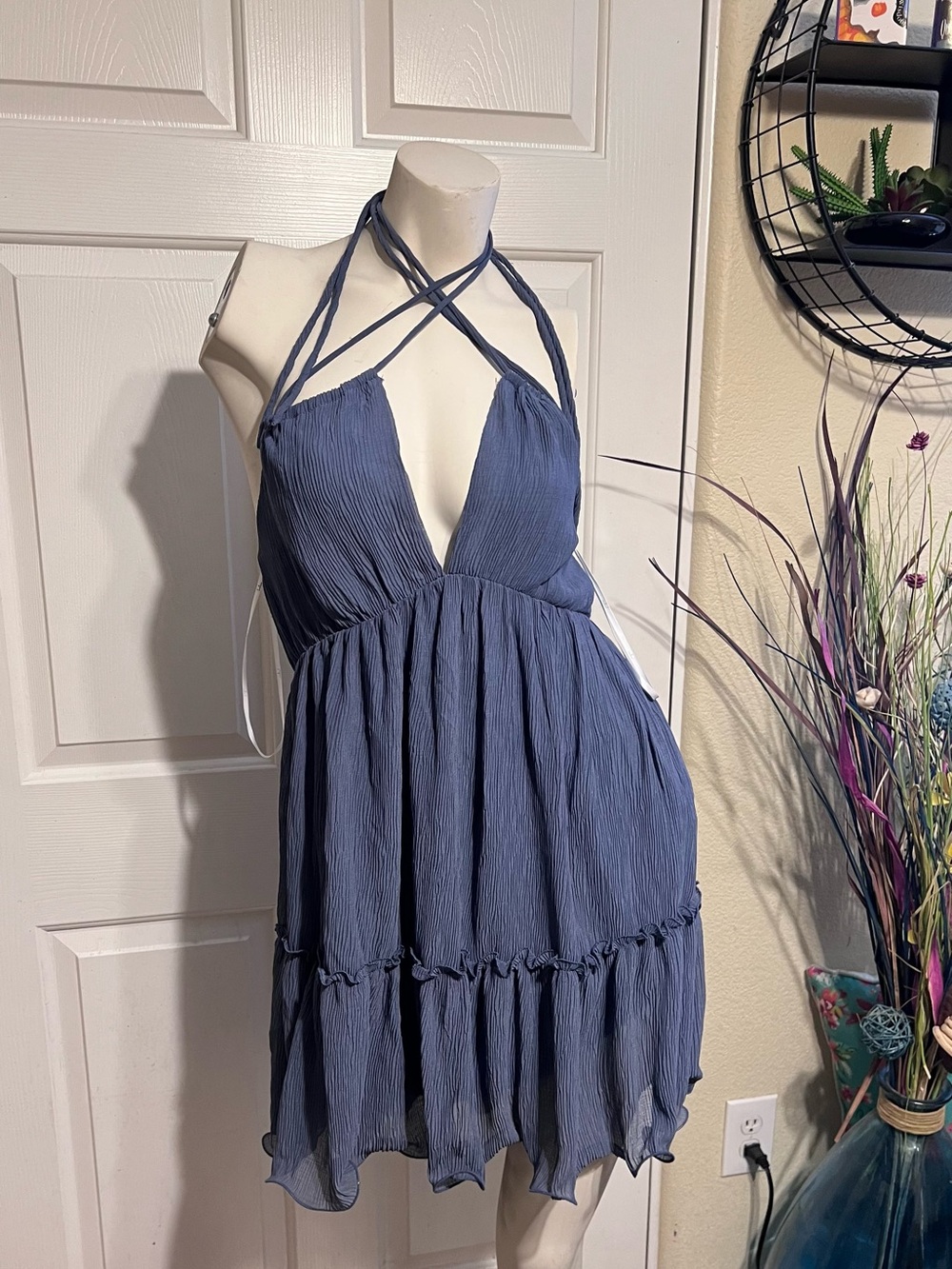 Lulu's Slate Blue Crinkle Halter Mini Dress
